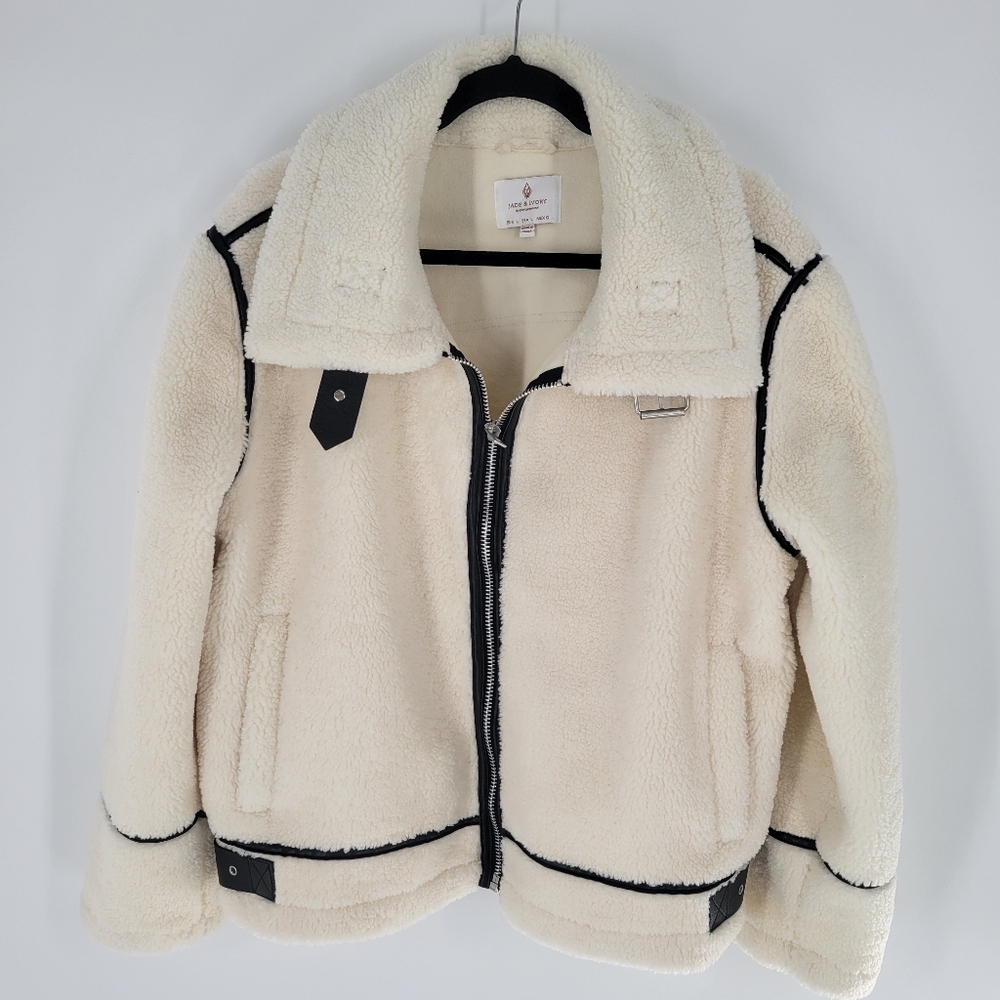 Jade & Ivory Cream Faux Shearling Aviator Jacket Black Trim Zip Front Cozy L New
